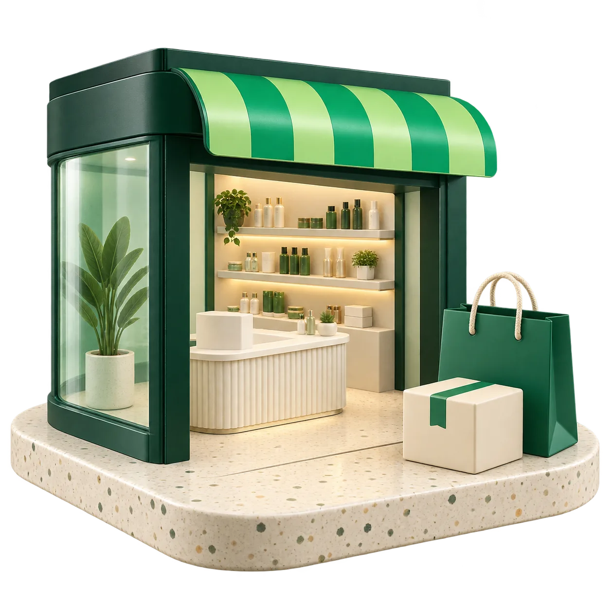 A green retail boutique beside a shopping bag and delivery parcel